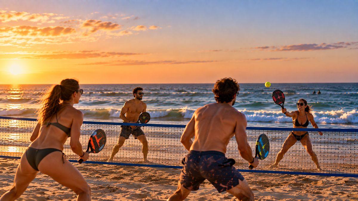 Four people playing beach tennis at sunset