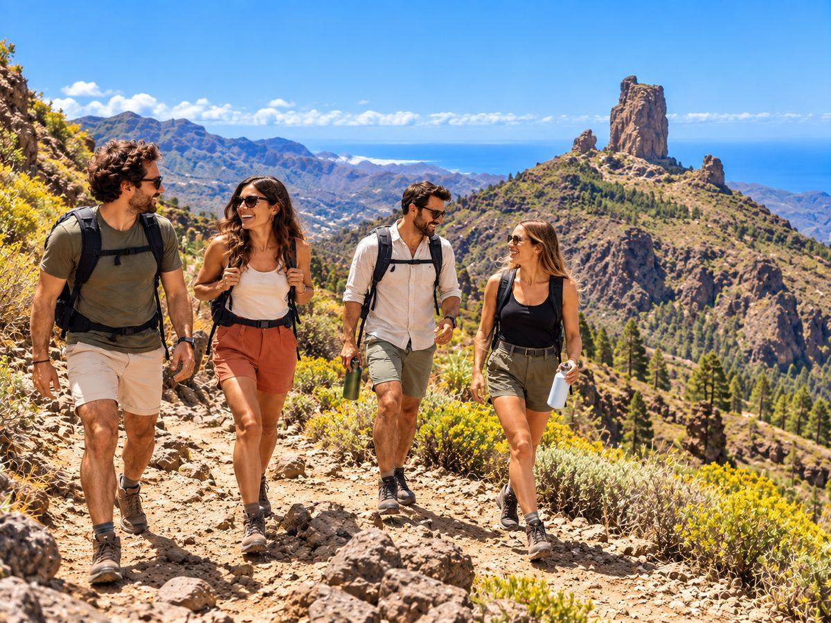 Four friends hiking near Roque Nublo