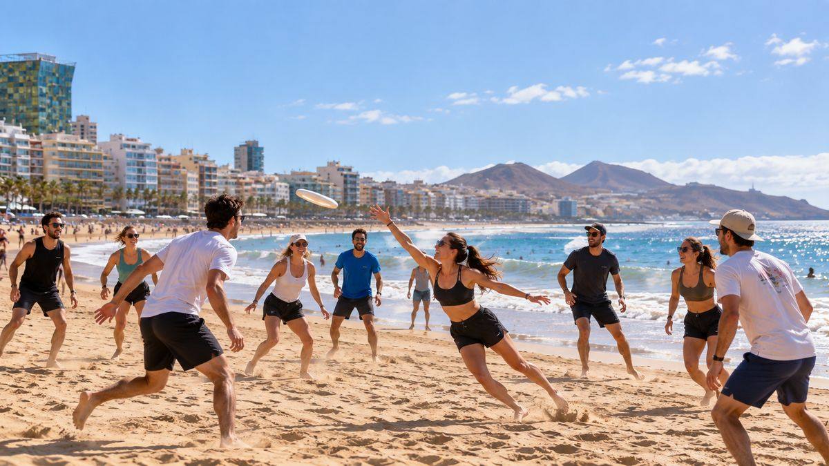 Group playing ultimate frisbee on the beach