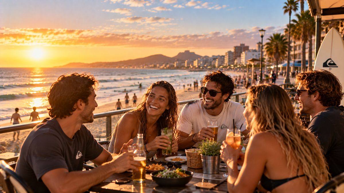Group of friends having drinks on a seafront terrace at sunset