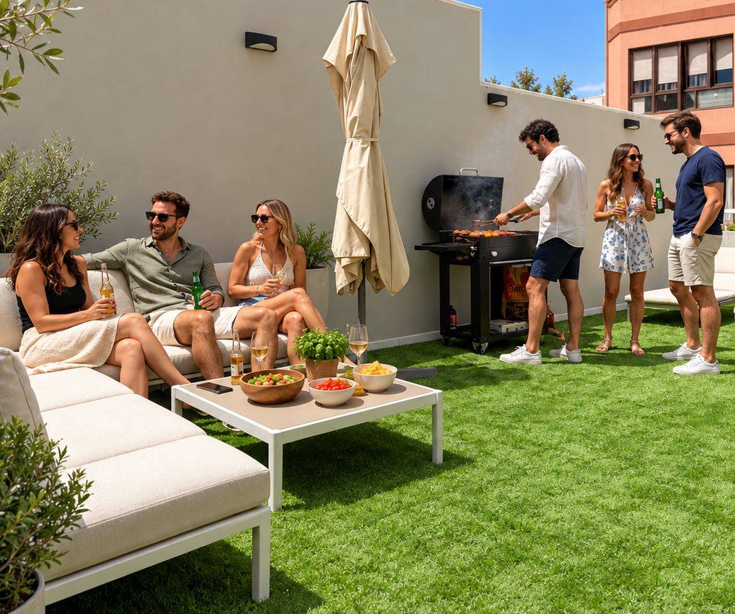 Group of friends having a barbecue and drinks on the rooftop of the house