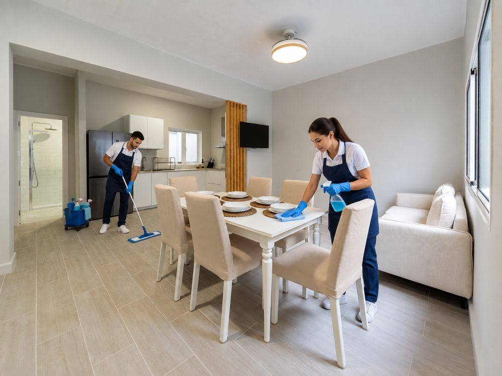 Cleaning staff tidying the living-dining room